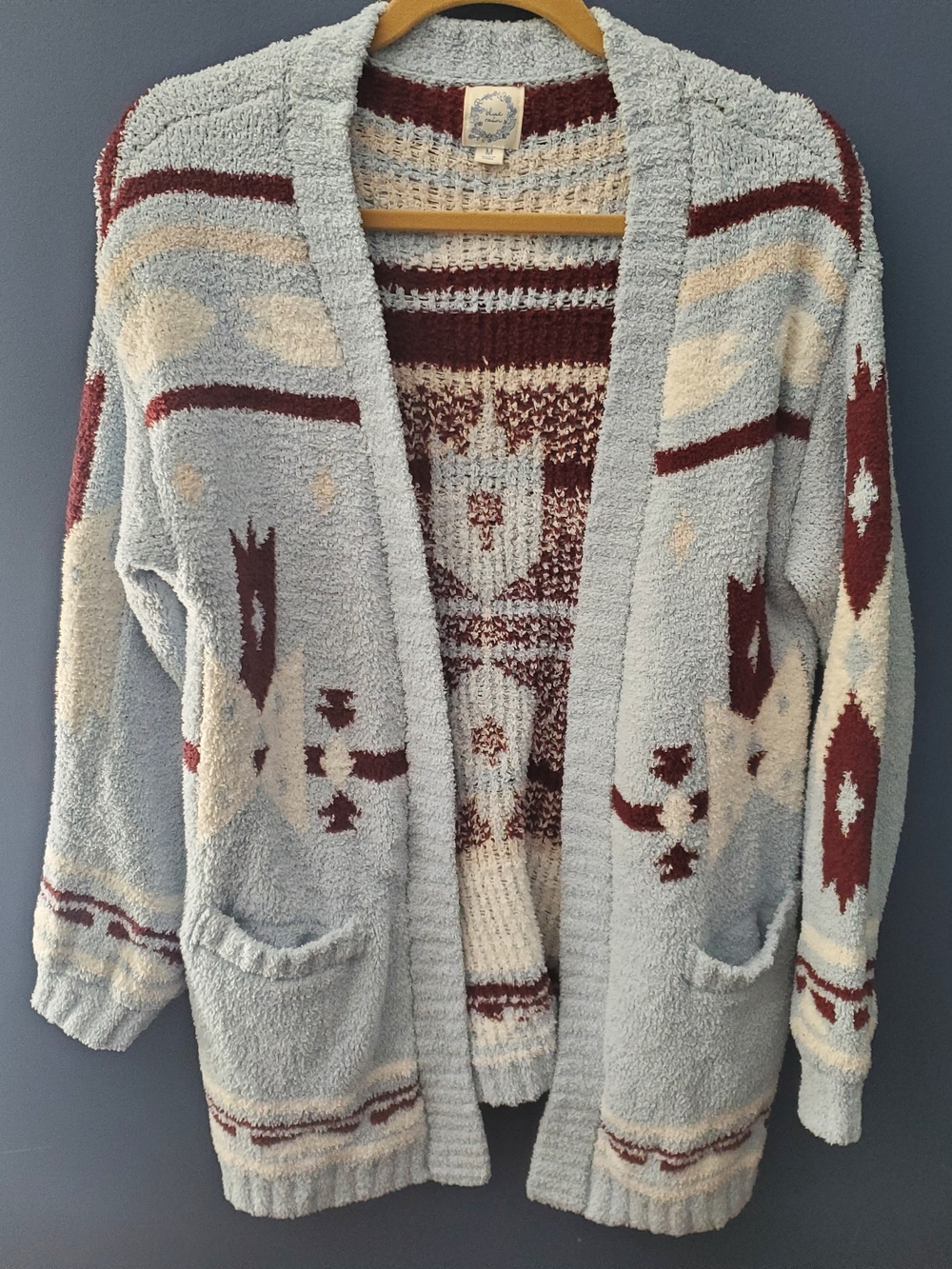 Blue Rain Light Blue & Burgundy Open-Front Geometric Cardigan